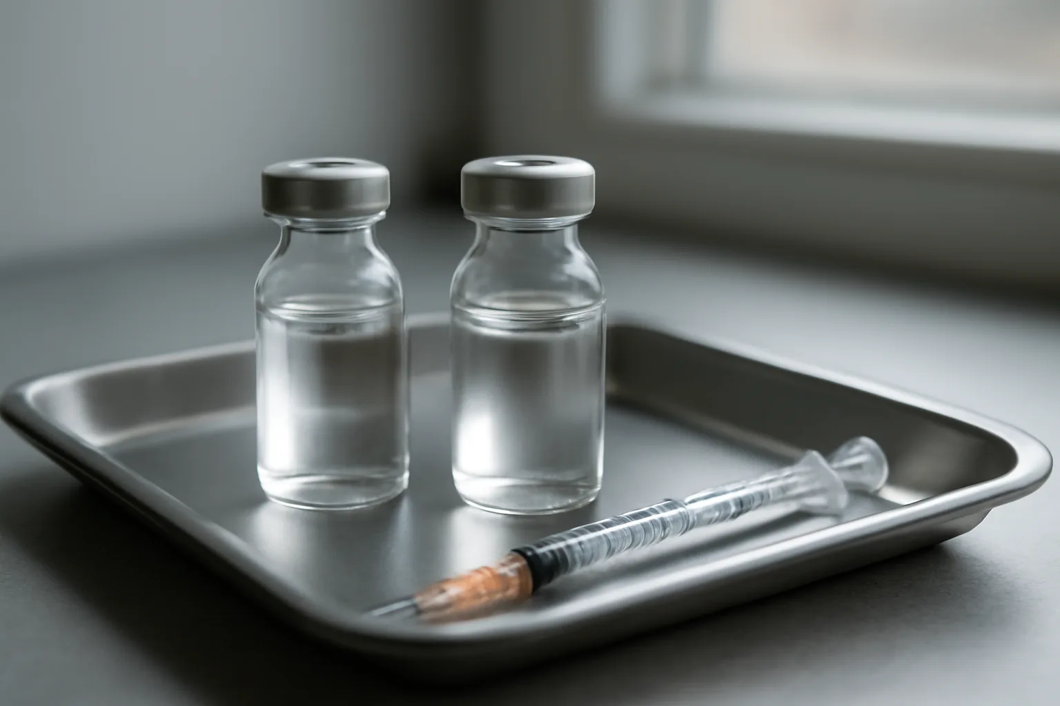 Two unlabeled research vials and a syringe representing AOD 9604 vs ipamorelin comparison