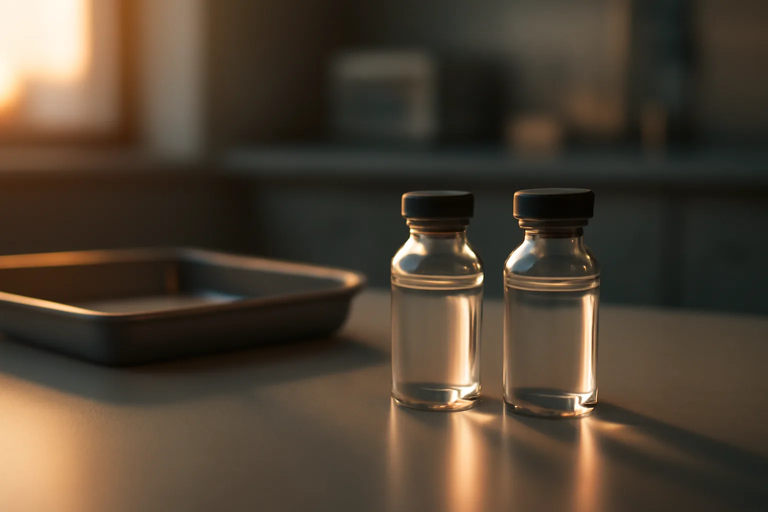 Two unlabeled glass vials on a lab tray representing CJC-1295 ipamorelin vs tesamorelin comparison