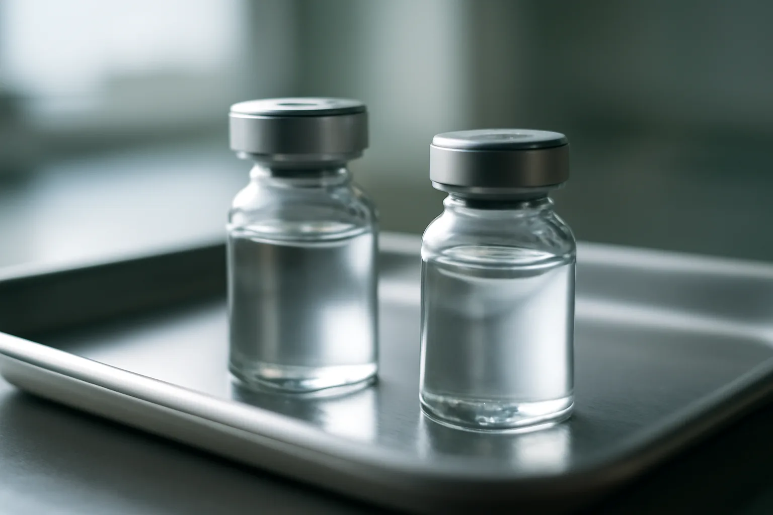 Two unlabeled glass peptide vials on a steel tray comparing GHRP-2 vs ipamorelin