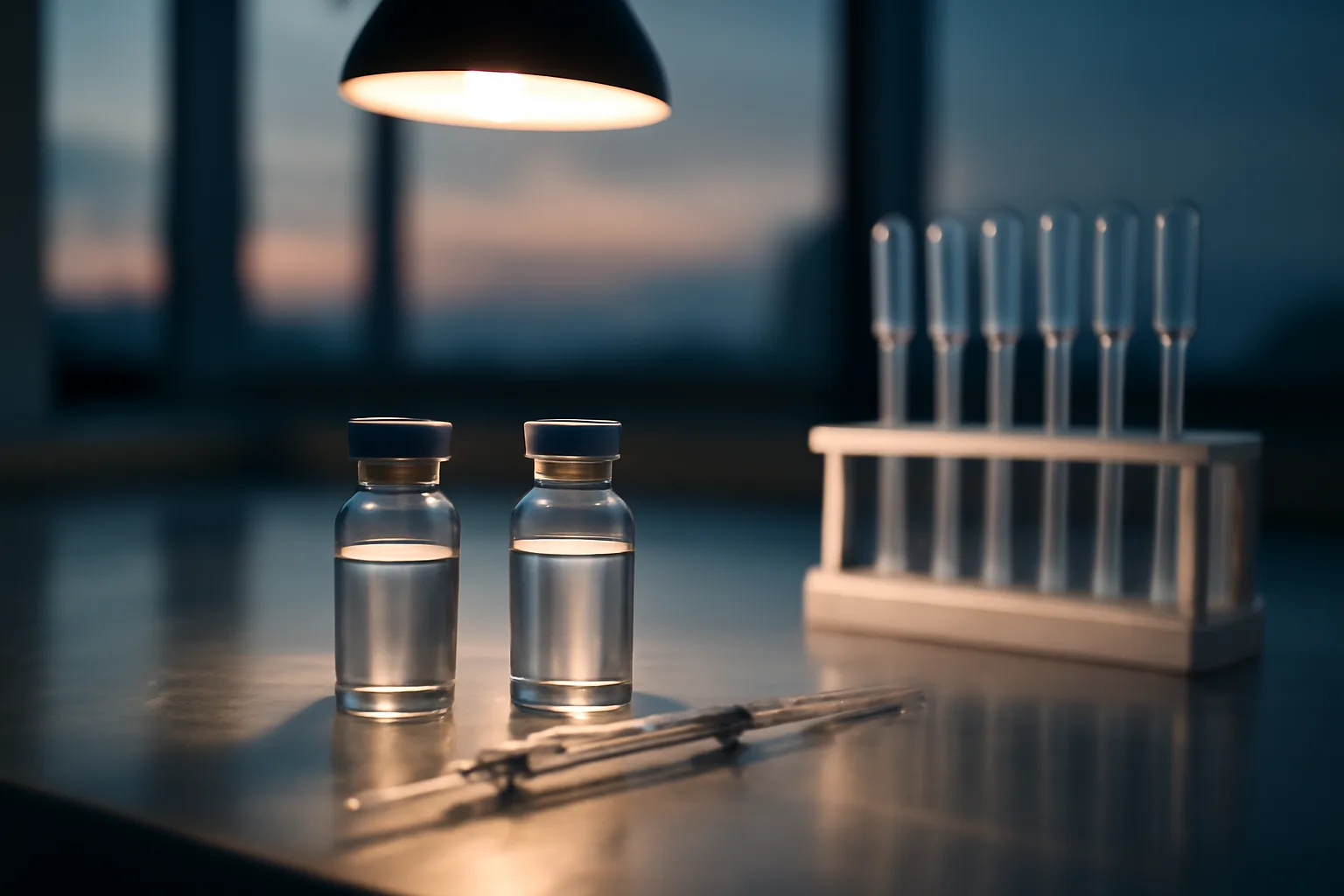 Two unlabeled research vials on a steel bench, representing hexarelin vs ipamorelin comparison