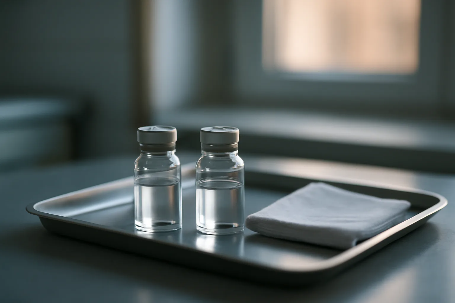 Two unlabeled glass vials on a lab bench representing ibutamoren vs ipamorelin comparison