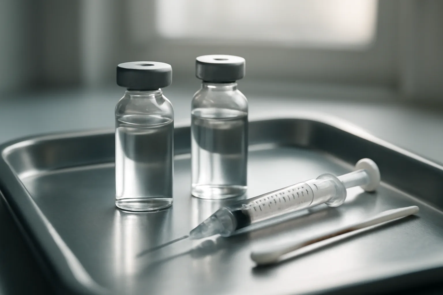 Two unlabeled peptide vials and a syringe on a steel tray in clinical light
