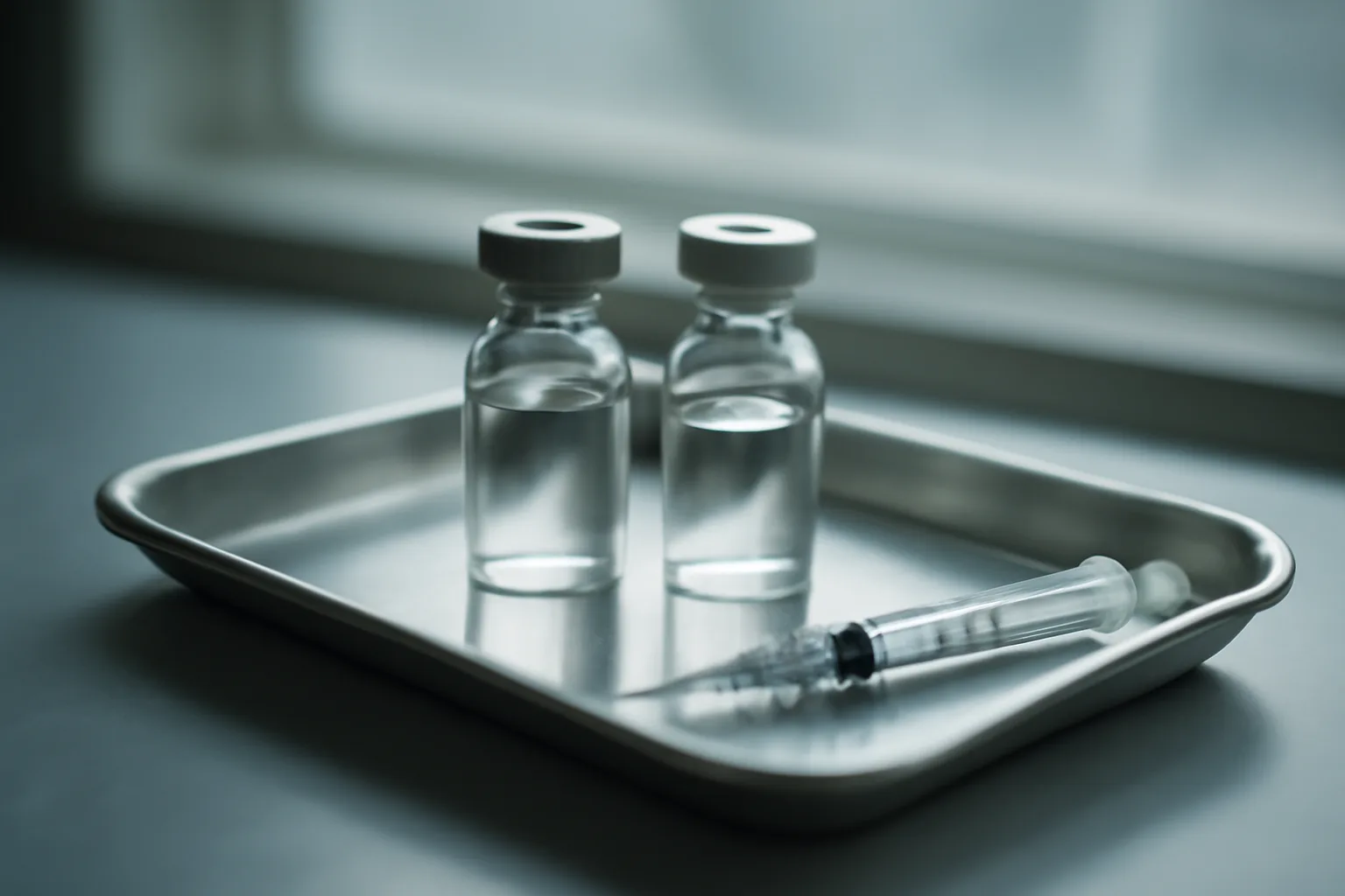 Two unlabeled glass vials and a syringe on a clinical tray, representing ipamorelin vs tesamorelin comparison