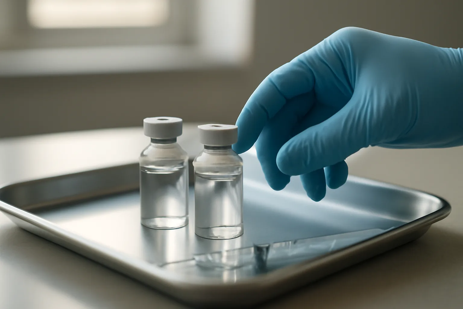 Two unlabeled peptide vials and syringe on a steel tray, comparing ipamorelin vs CJC-1295
