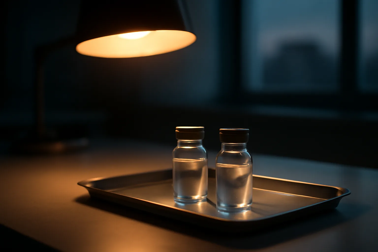 Two glass vials on a lab tray, evoking ipamorelin vs GHRP-6 peptide comparison