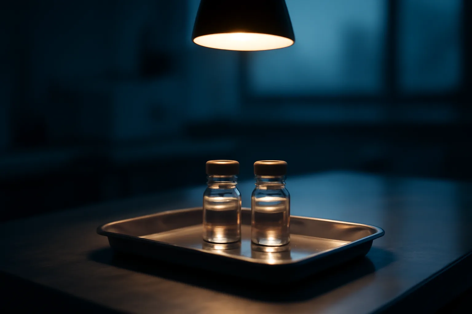 Two unlabeled research vials on a lab bench representing ipamorelin vs hexarelin comparison