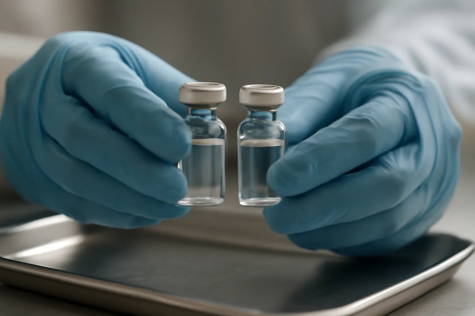 Clinician's gloved hands comparing two unlabeled vials representing ipamorelin vs hgh