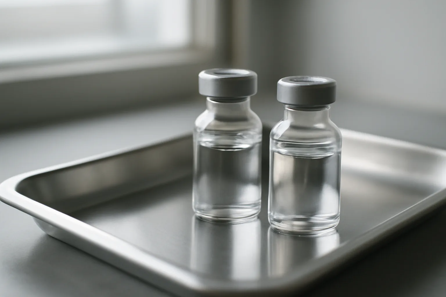 Two unlabeled glass vials on a steel tray representing ipamorelin vs ibutamoren comparison