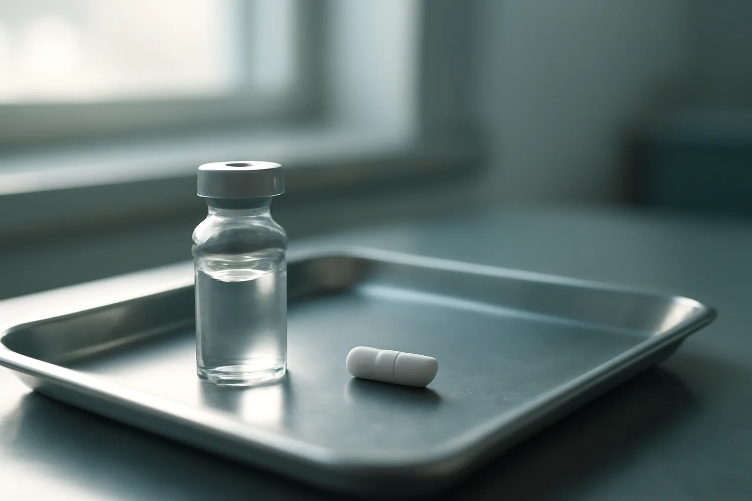 Injectable vial and oral capsule on a steel tray, comparing ipamorelin vs MK-677 delivery