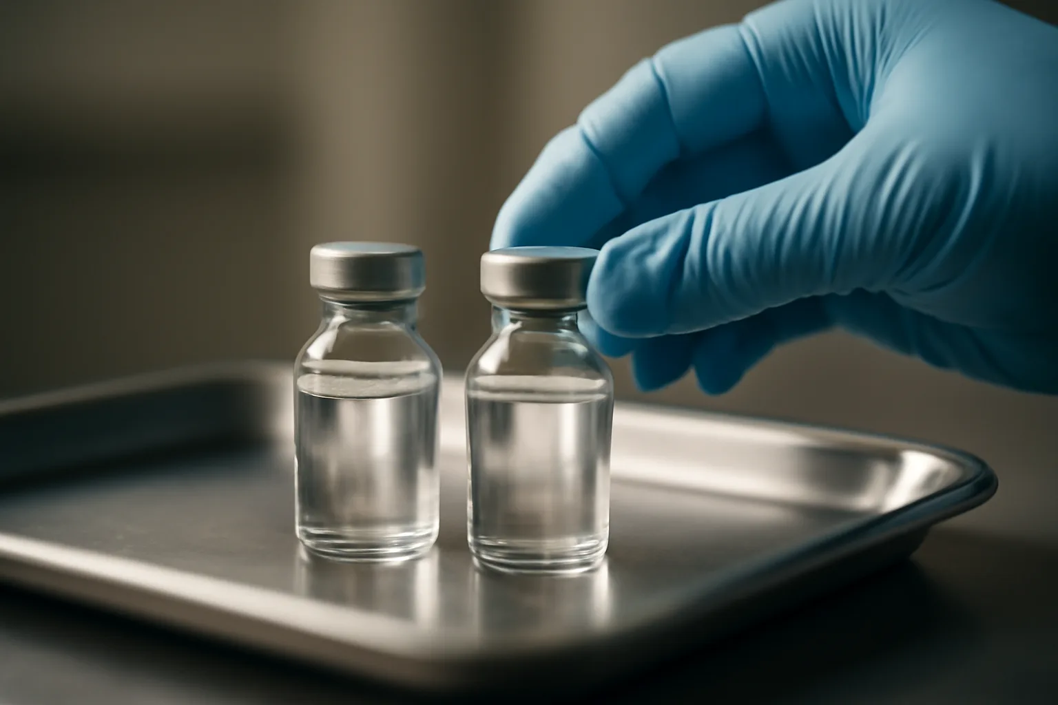 Two glass peptide vials on a clinical tray comparing ipamorelin vs sermorelin