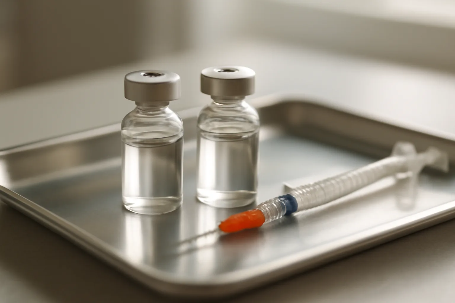 Two unlabeled peptide vials on a clinic tray comparing ipamorelin vs tesamorelin