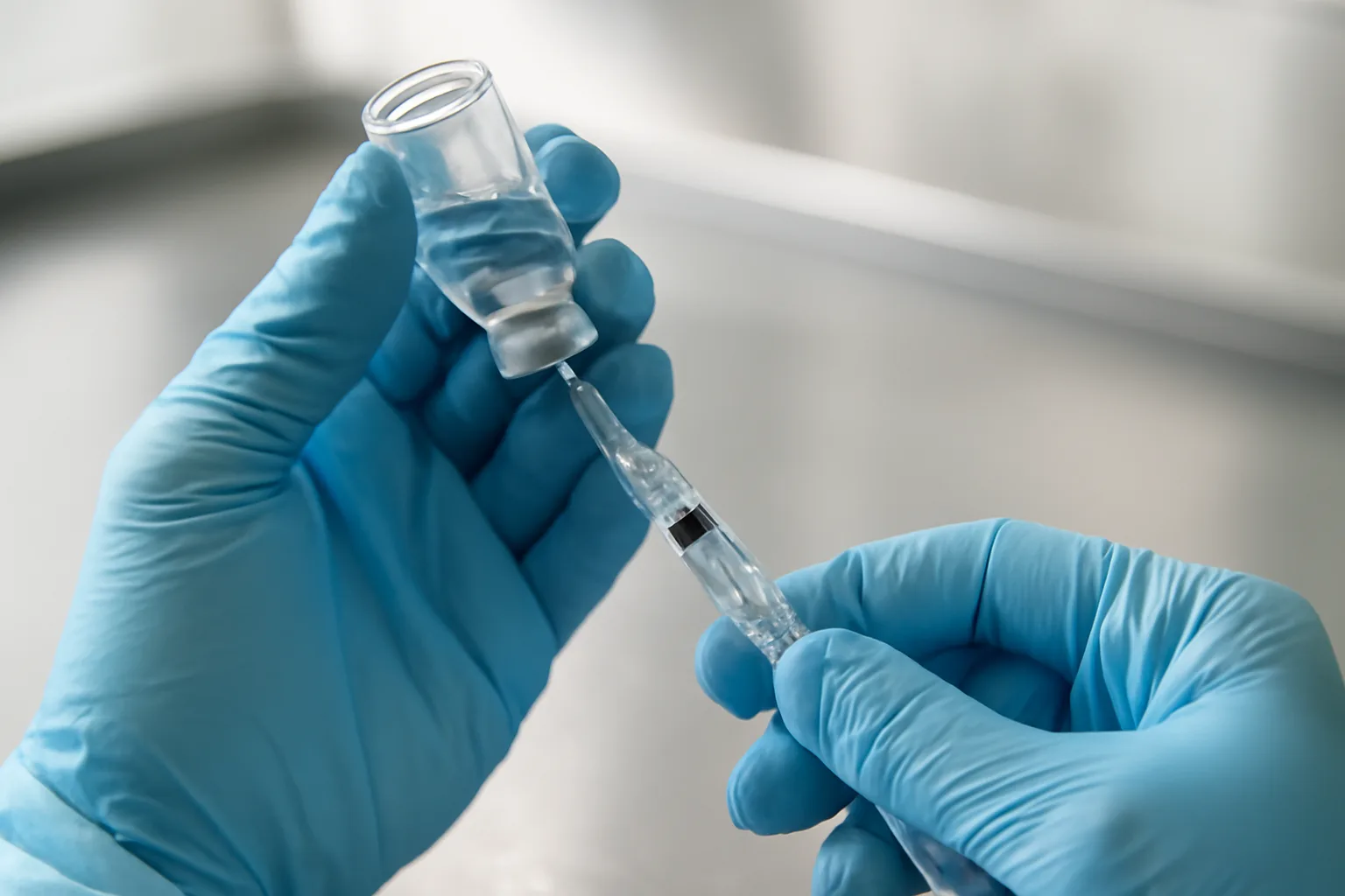 Gloved hands preparing an injectable peptide vial and syringe on a clinical counter