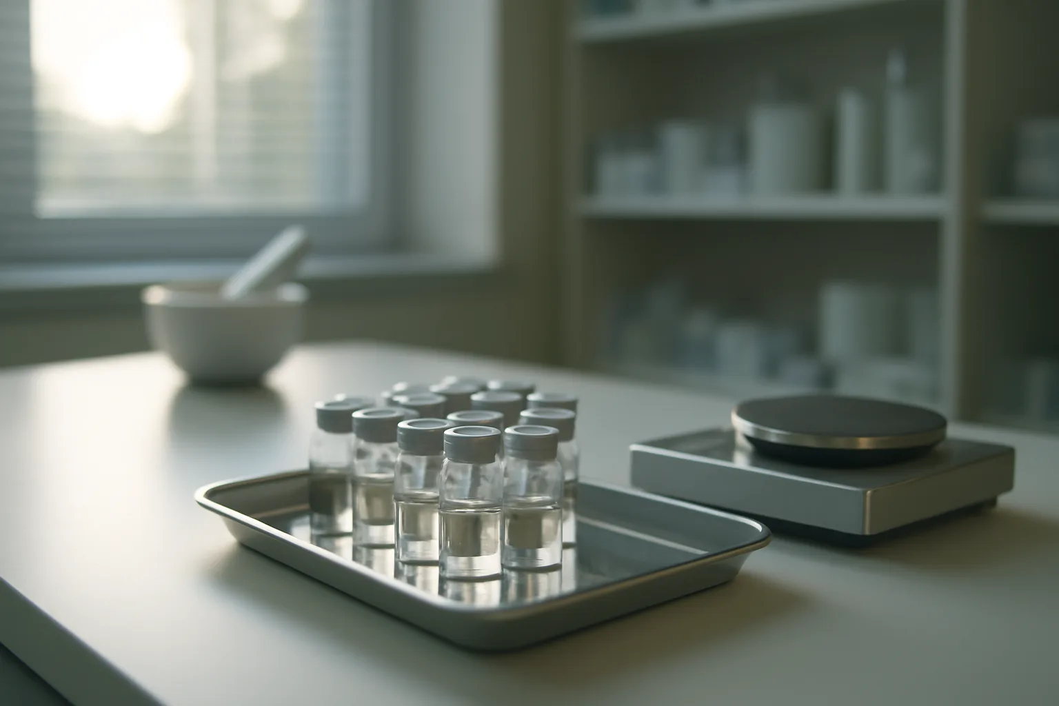 Glass vials on a pharmacy counter representing tesamorelin peptide vs ipamorelin research