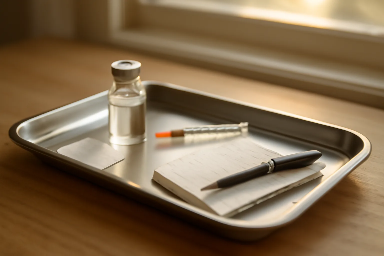 Vial, insulin syringe, and notepad on a tray, representing dosage calculation prep