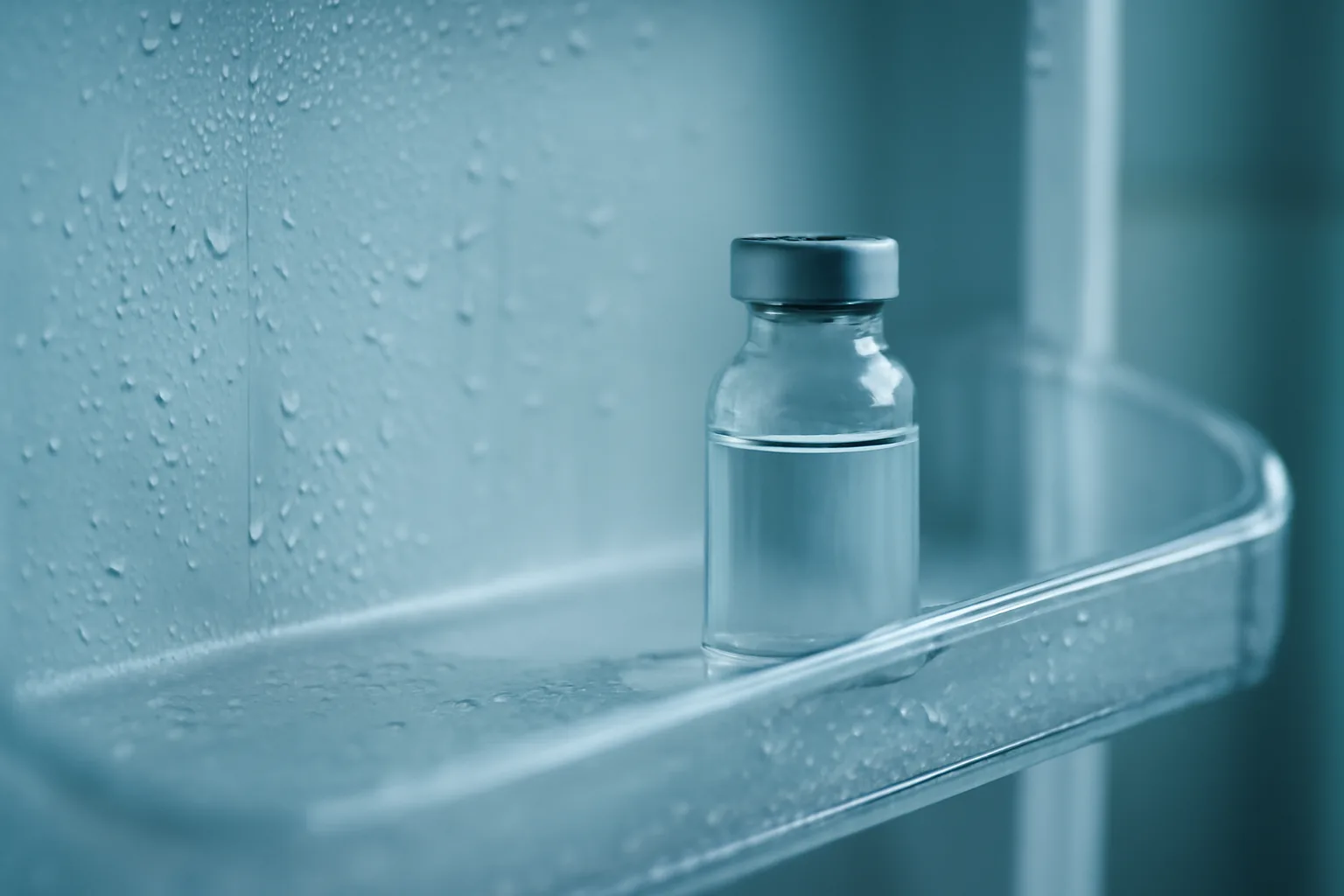 Glass peptide vial stored upright on a refrigerator shelf in cold light