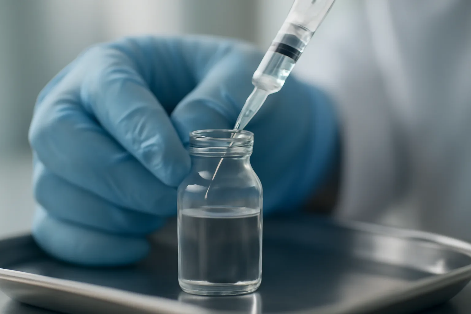 Hand reconstituting a peptide vial with liquid poured slowly down the glass wall