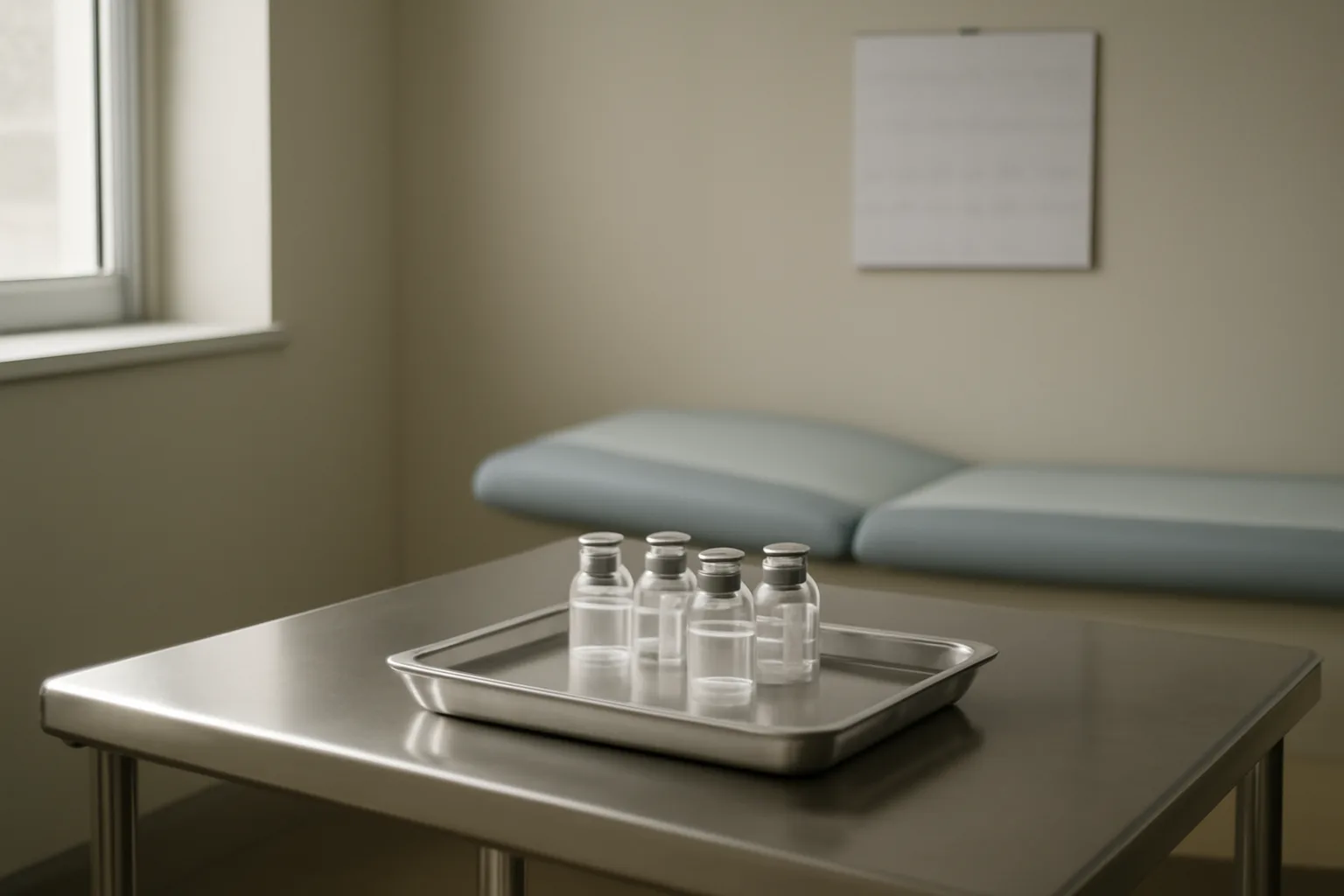 Clinical exam room with refrigerated vial tray, evoking ipamorelin cycle length monitoring