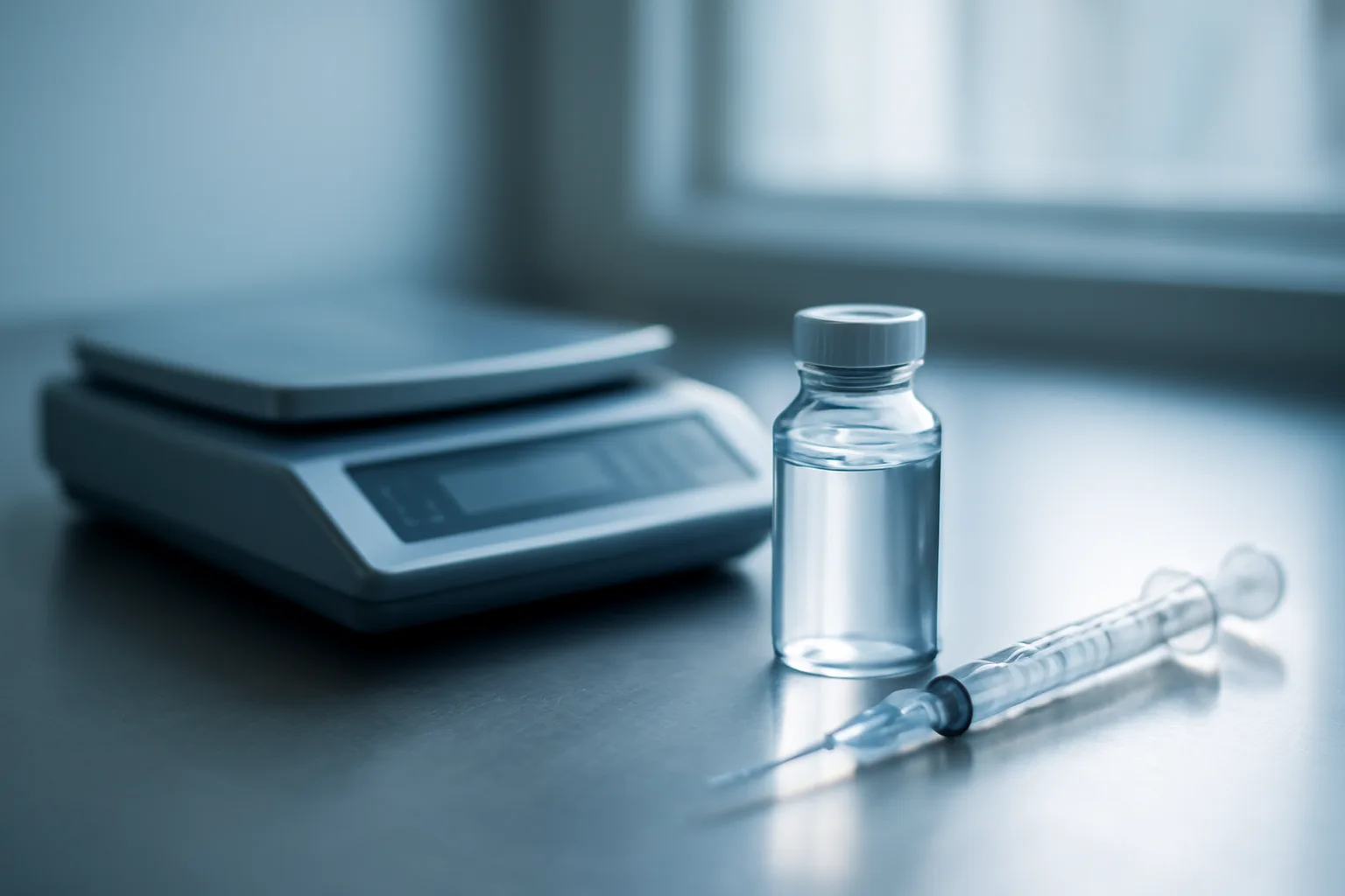 Clinical counter with scale, vial, and syringe representing ipamorelin dosage calculation