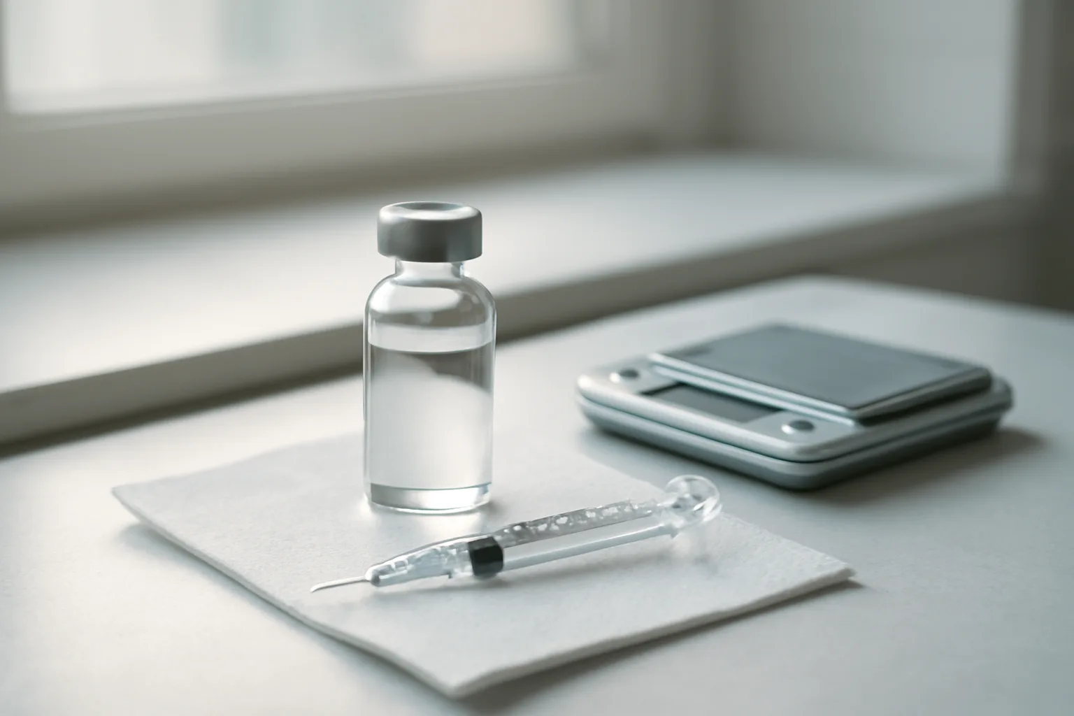 Vial and syringe on a clinic counter representing precise ipamorelin dosage measurement
