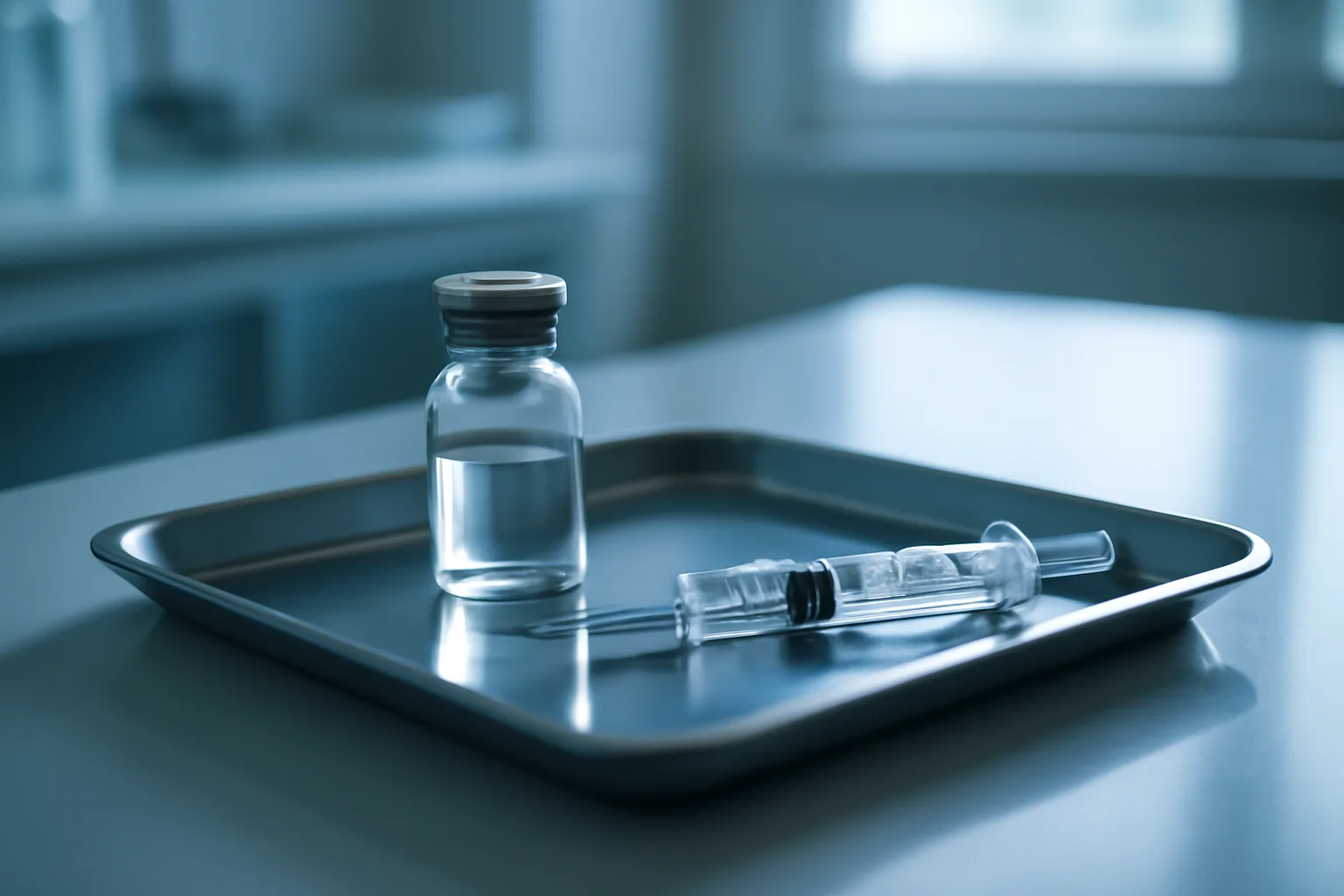 Vial and syringe on a steel tray representing ipamorelin half life and dosing timing