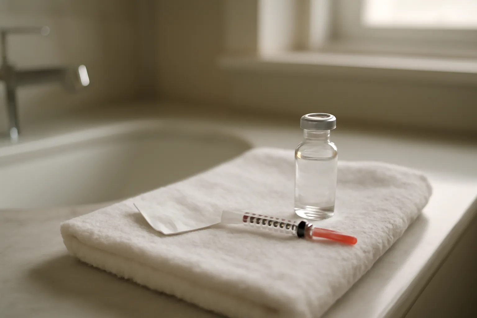 Insulin syringe and glass vial on a towel for a subcutaneous injection routine