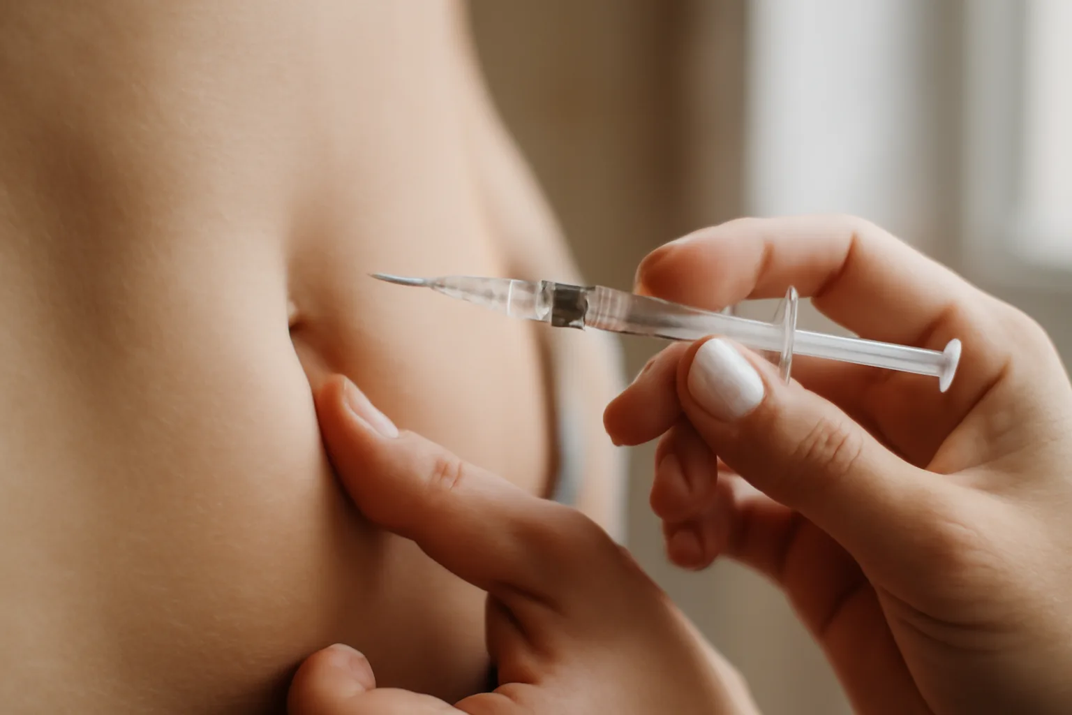 Hand pinching abdominal skin with a syringe ready, demonstrating an ipamorelin injection site