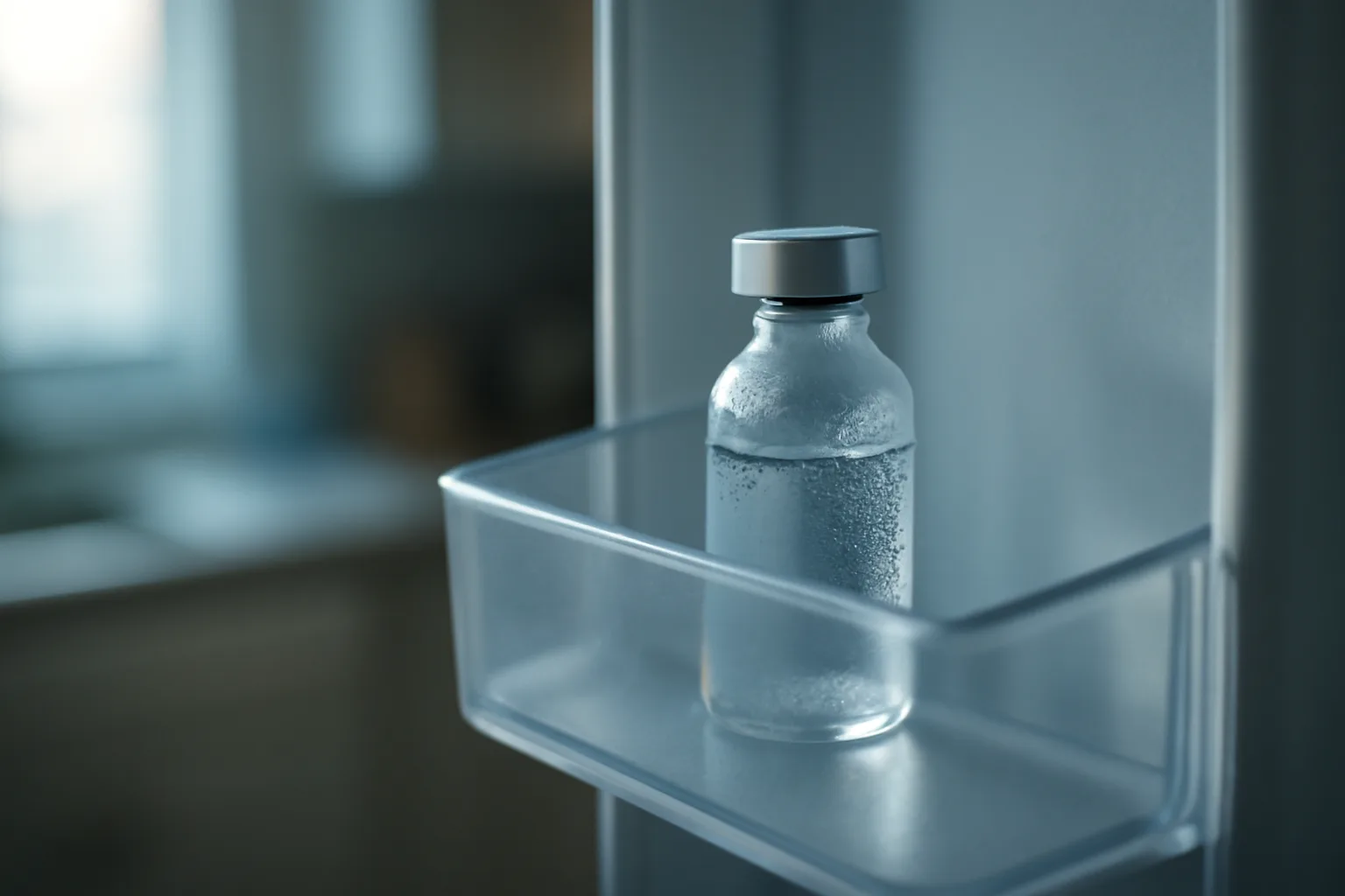 Glass peptide vial stored on a refrigerator door shelf in cool light