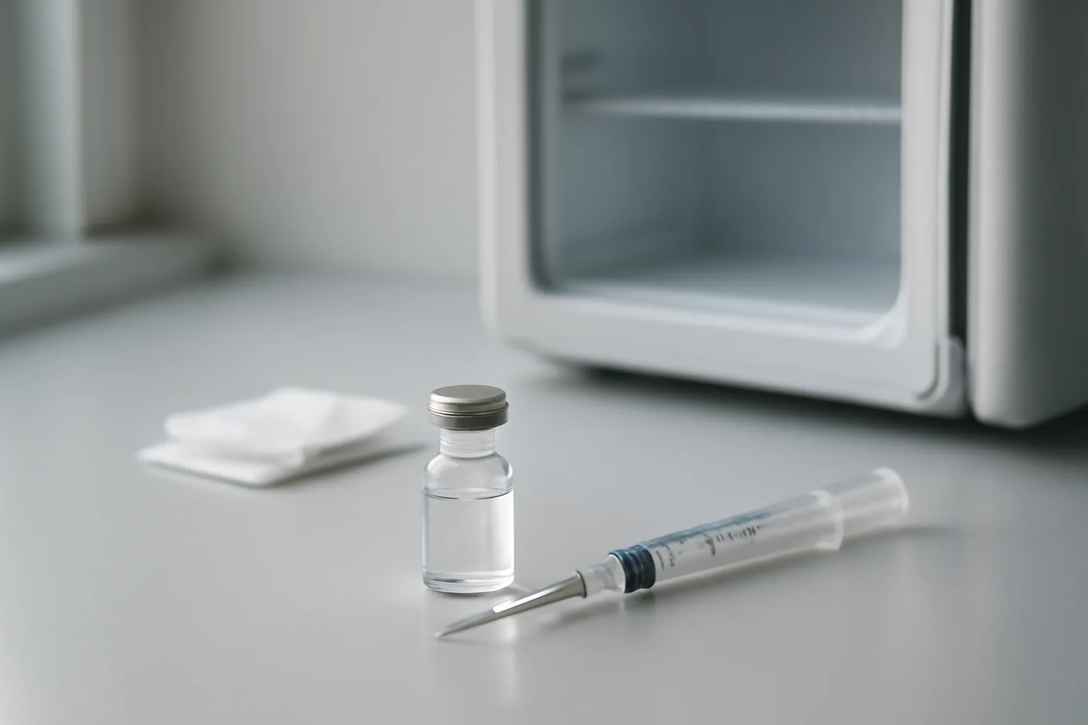 Vial, syringe, and alcohol swabs on a countertop before peptide reconstitution