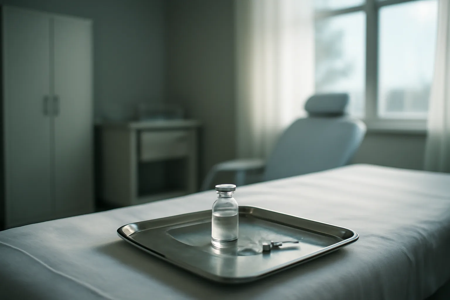 Vial and syringe on a steel tray in soft morning light, illustrating ipamorelin dosing timing
