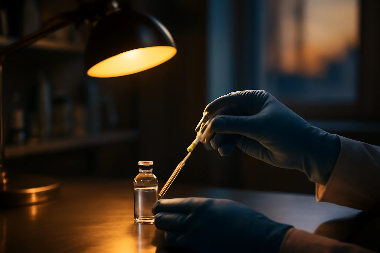 Pharmacist's gloved hands preparing a compounded injectable vial under lamp light