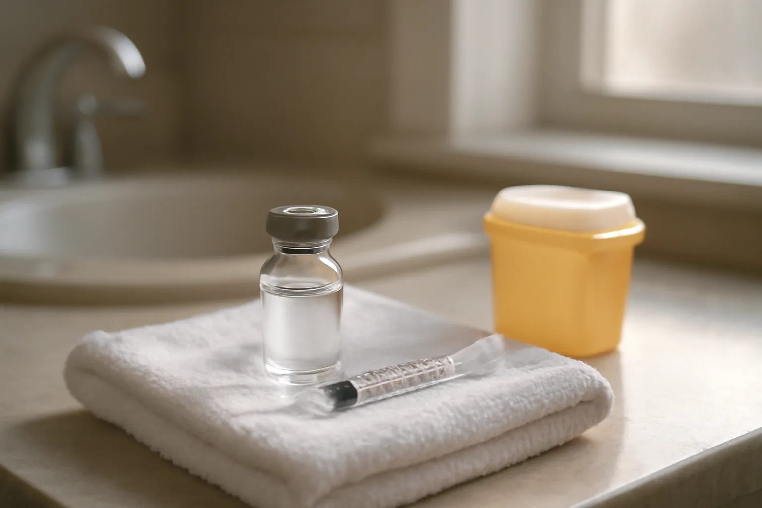Vial and syringe on a towel in soft morning light, illustrating how to take ipamorelin peptide