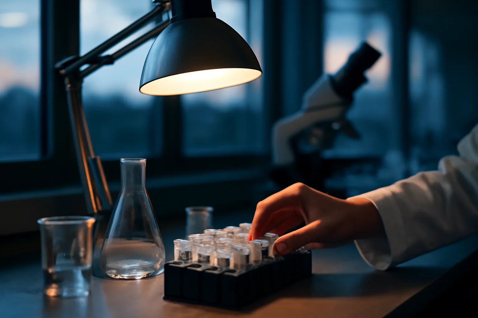 Researcher in a lab handling vials, representing ipamorelin animal and human study research