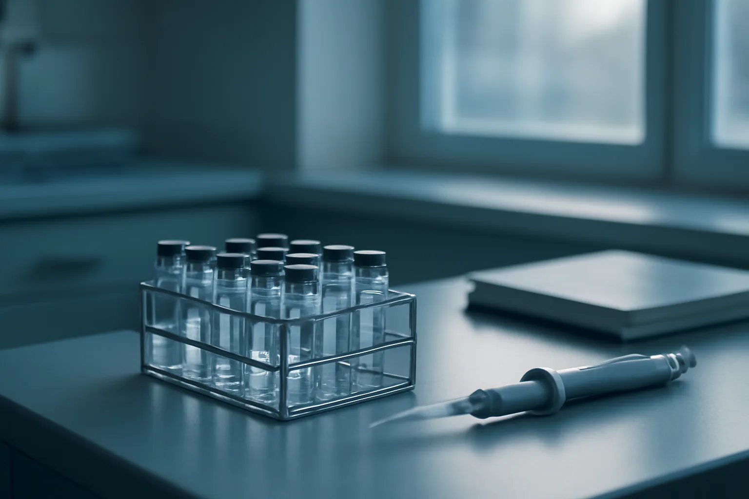 Lab bench with glass vials and pipette representing ipamorelin clinical trial research