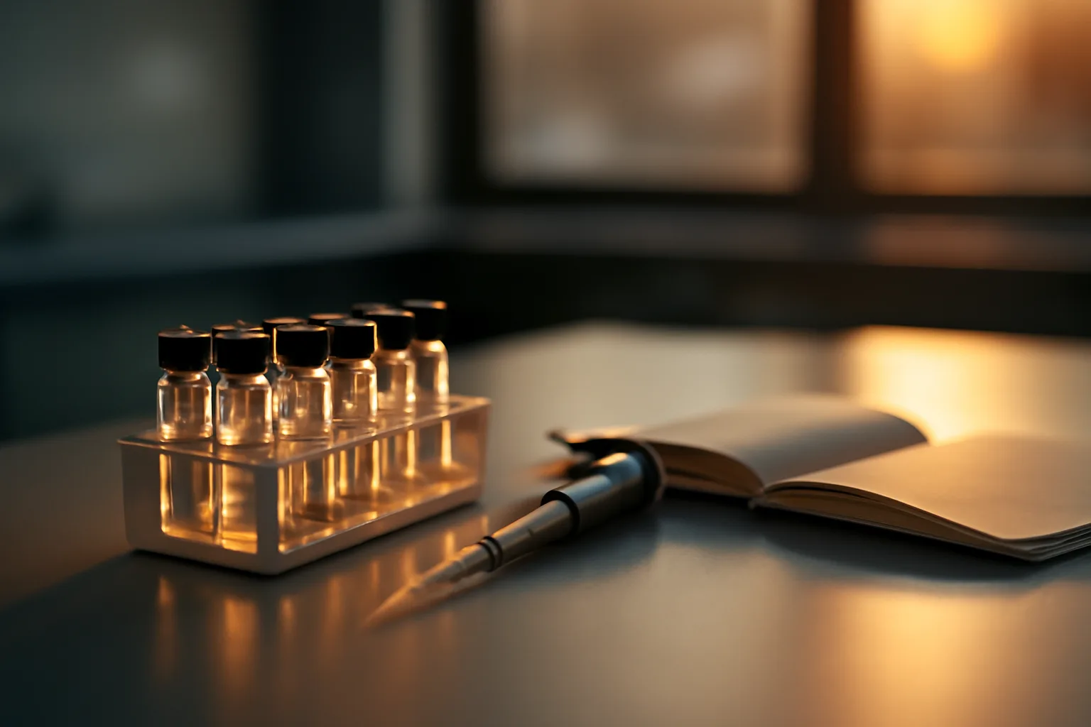 Lab bench with glass vials and pipette, evoking ipamorelin human studies research