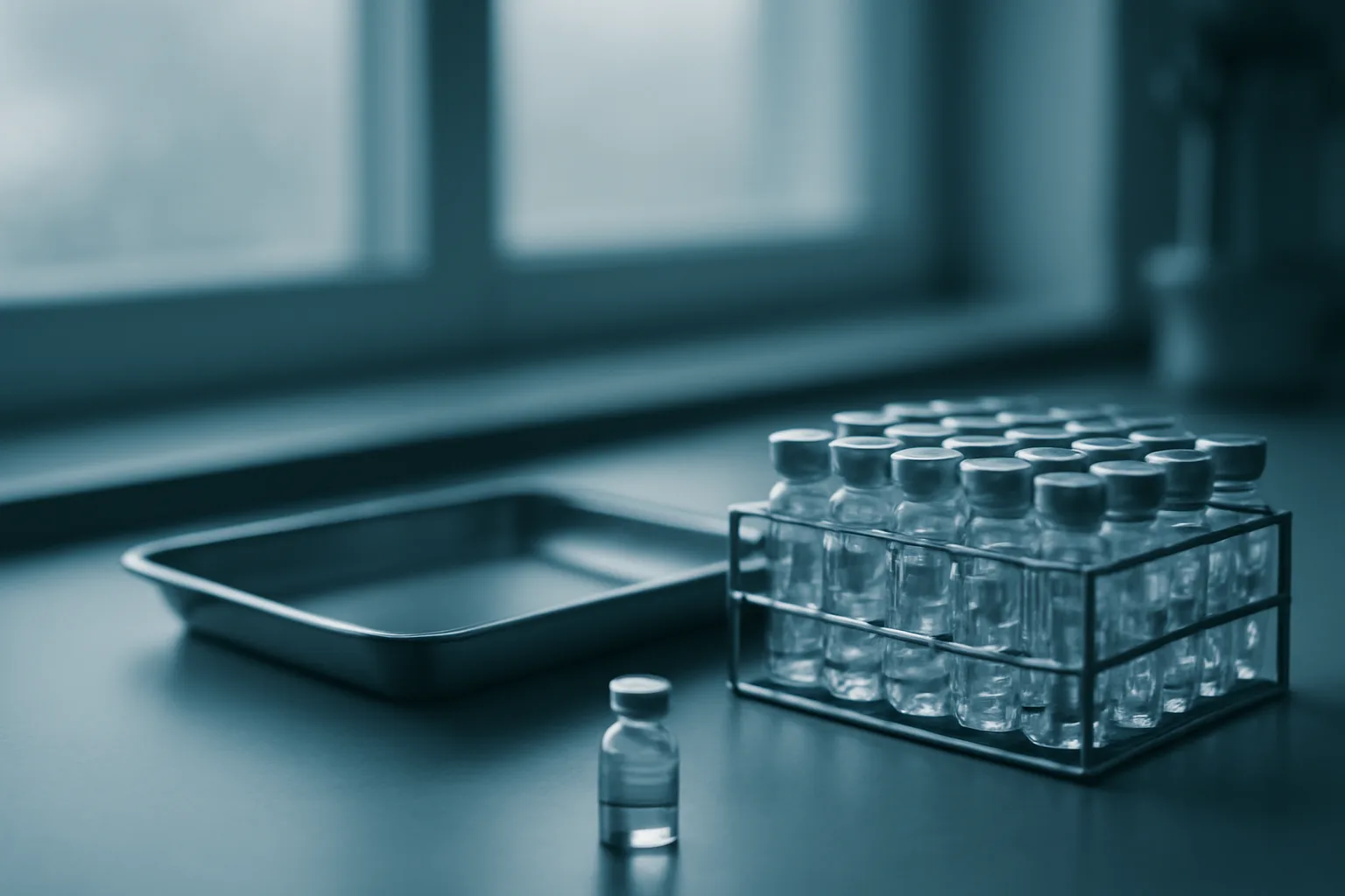 Laboratory vials on a steel tray illustrating ipamorelin mechanism of action research