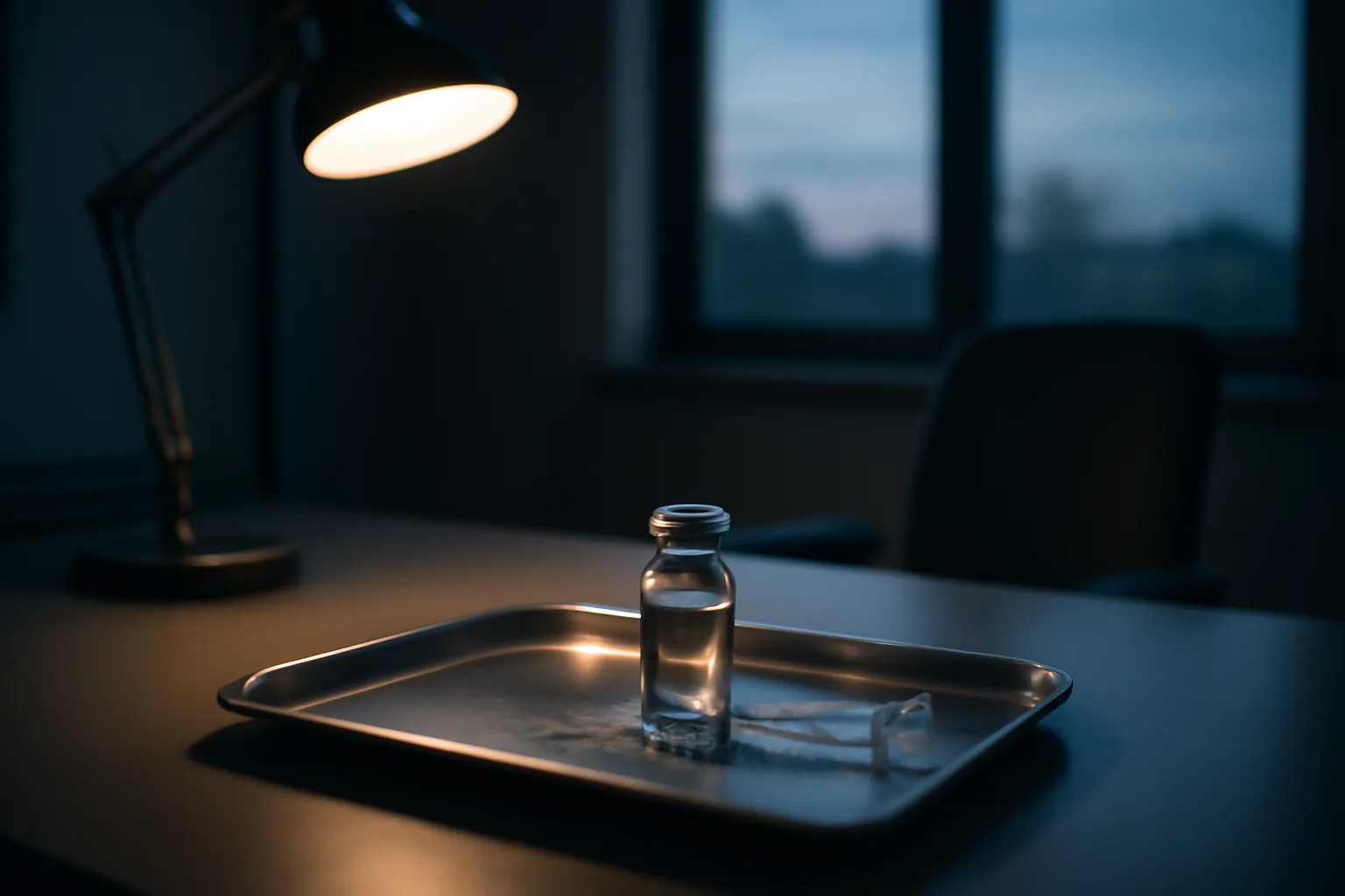 Vial and syringe on steel tray representing ipamorelin peptide research setting