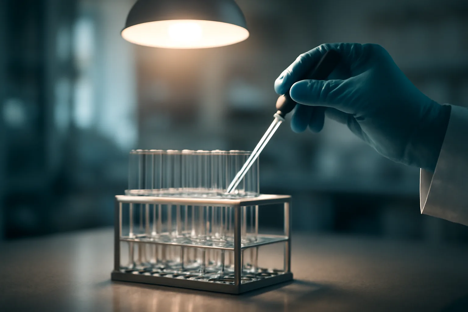Researcher's gloved hand adjusting a pipette near glass vials in a lab rack