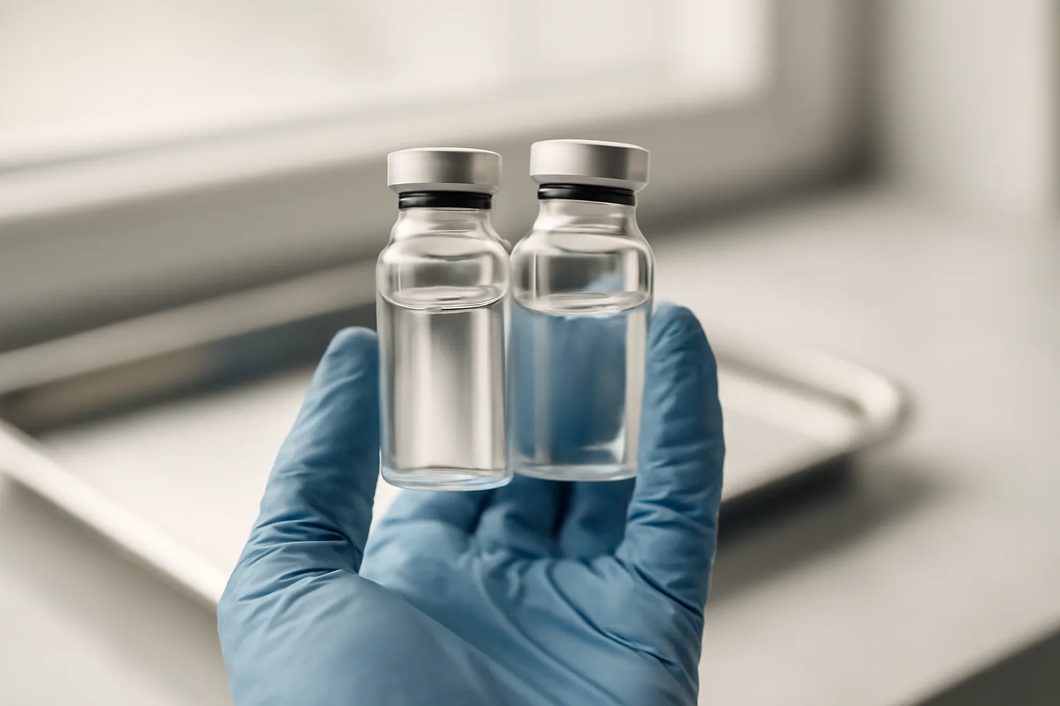Two unlabeled peptide vials held side by side representing an ipamorelin stack