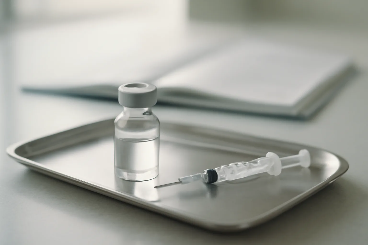 Glass vial and syringe on a stainless steel tray under soft morning light