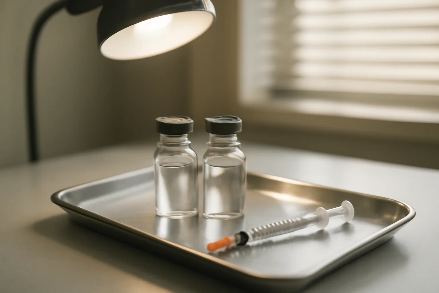 Two peptide vials and a syringe on a steel tray under exam lamp light