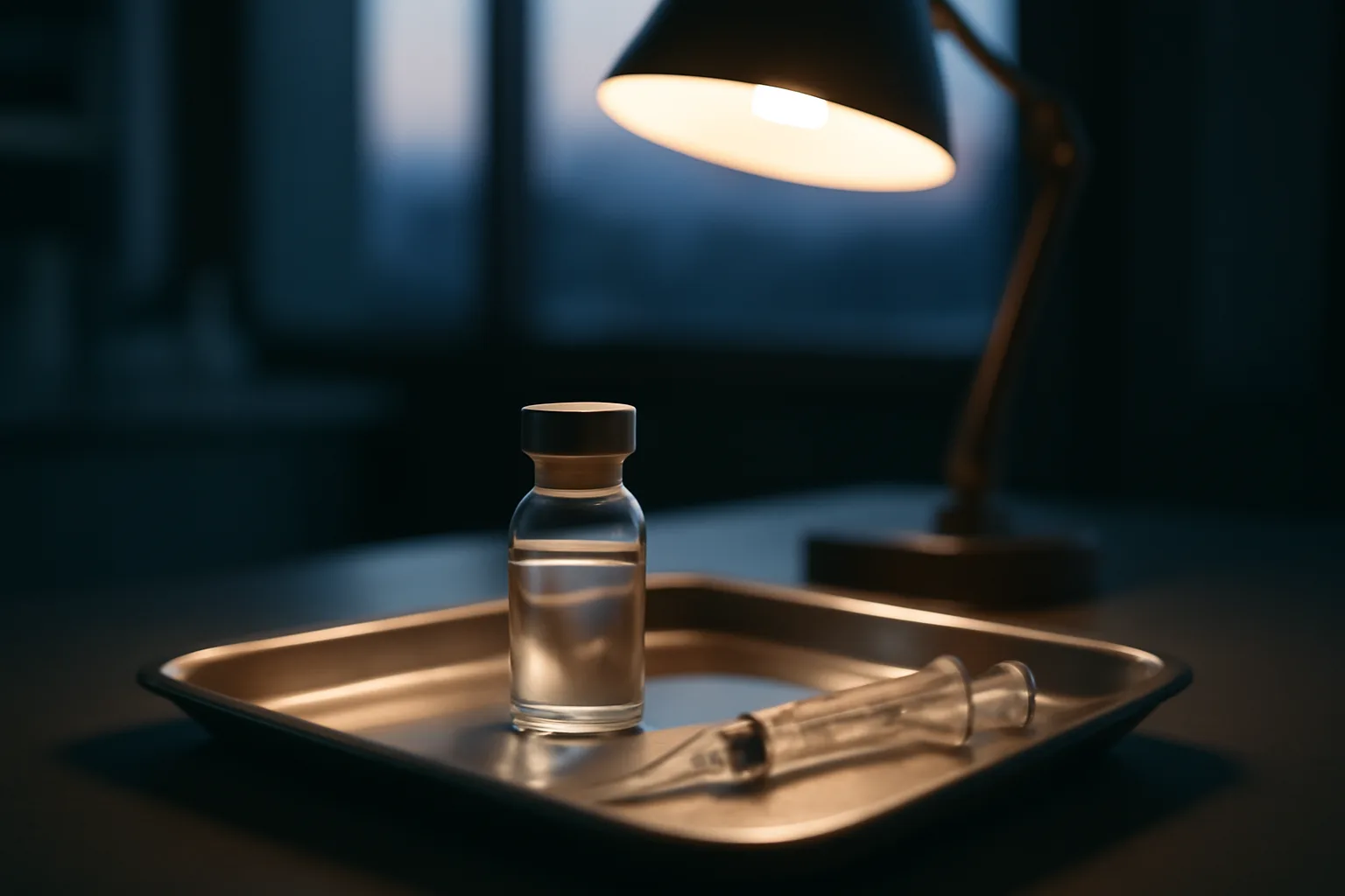 Vial and syringe on a lab tray, representing ipamorelin research and mechanism