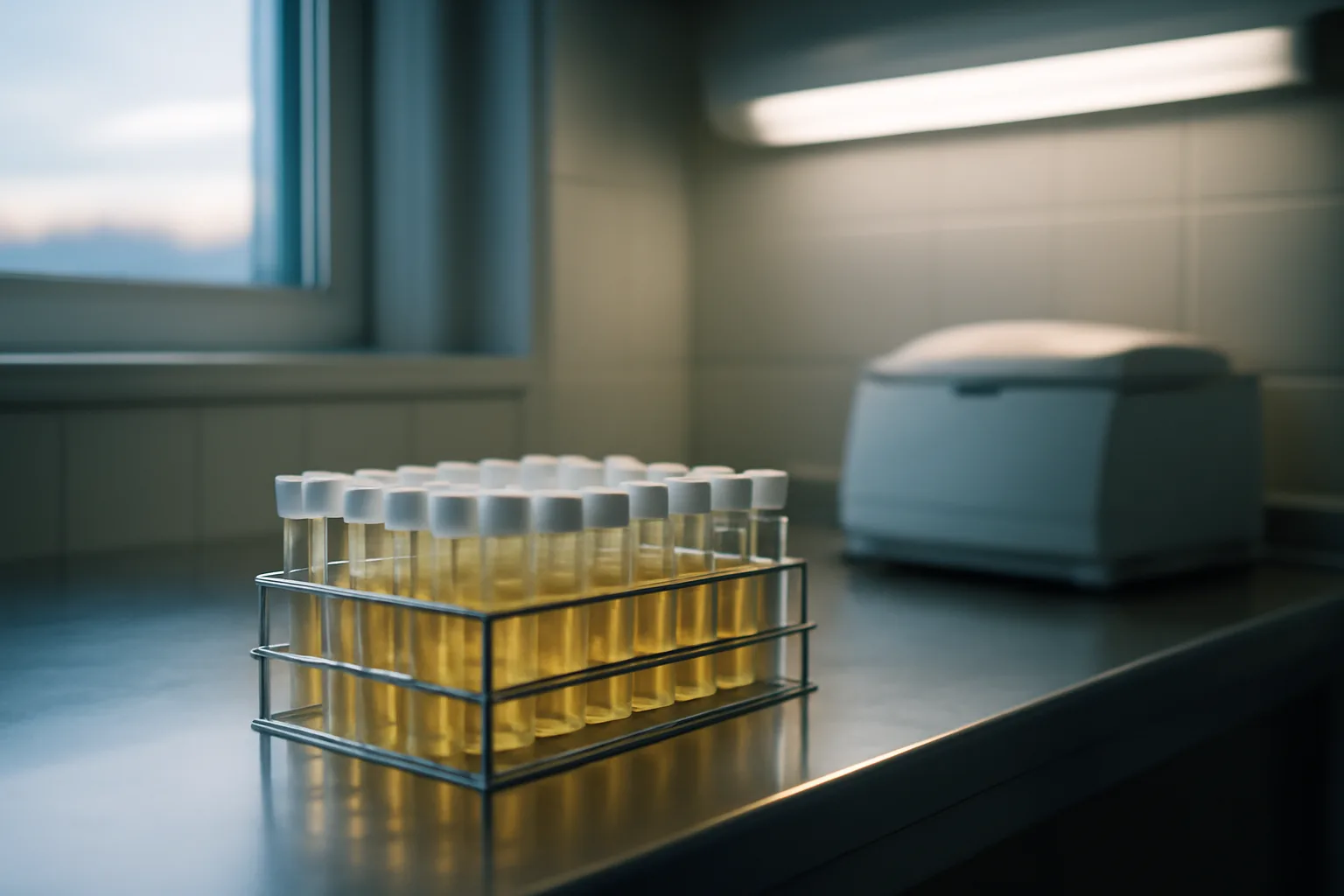 Sealed sample vials in a lab setting evoking ipamorelin athlete drug testing procedures