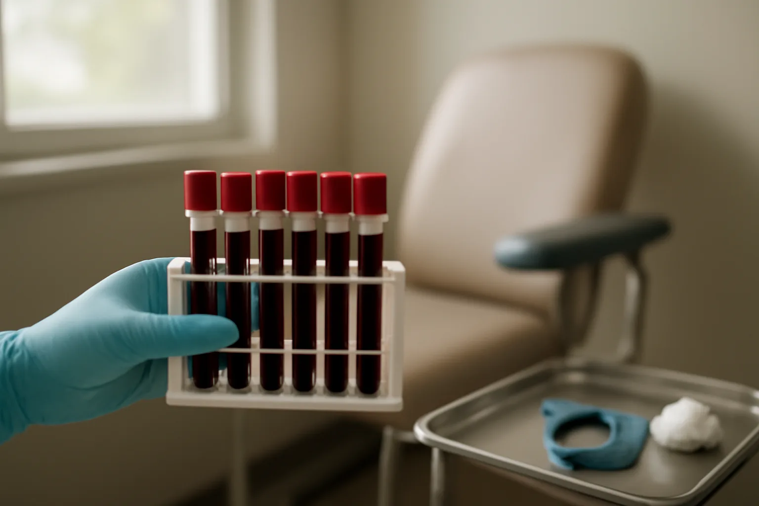 Phlebotomy station with vial rack, illustrating blood work done alongside ipamorelin use