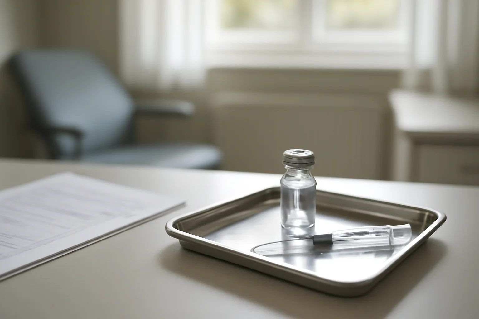 Vial and syringe on a tray beside a patient medication list in a clinic