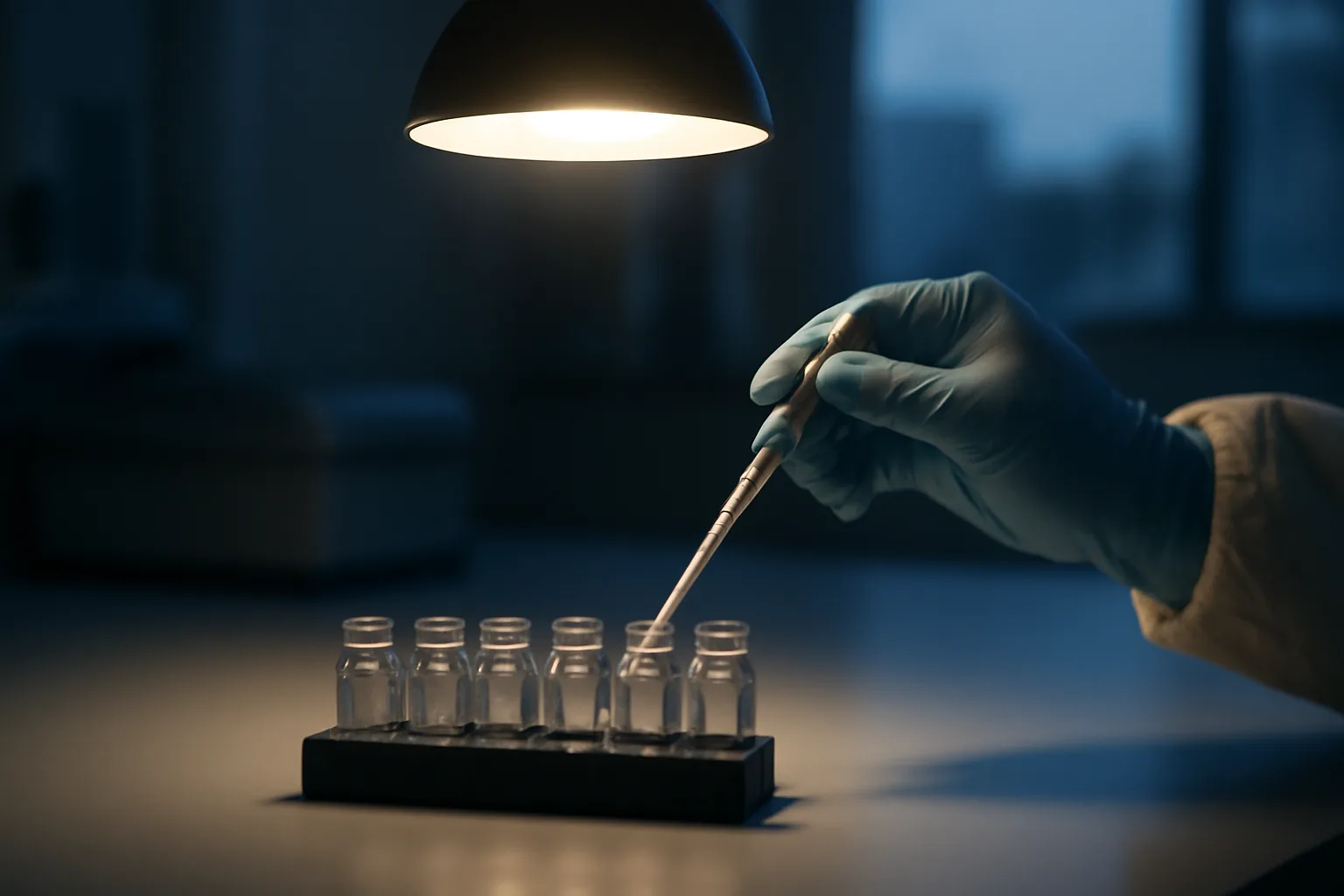 Researcher's gloved hand at a lab bench studying long term ipamorelin side effects data