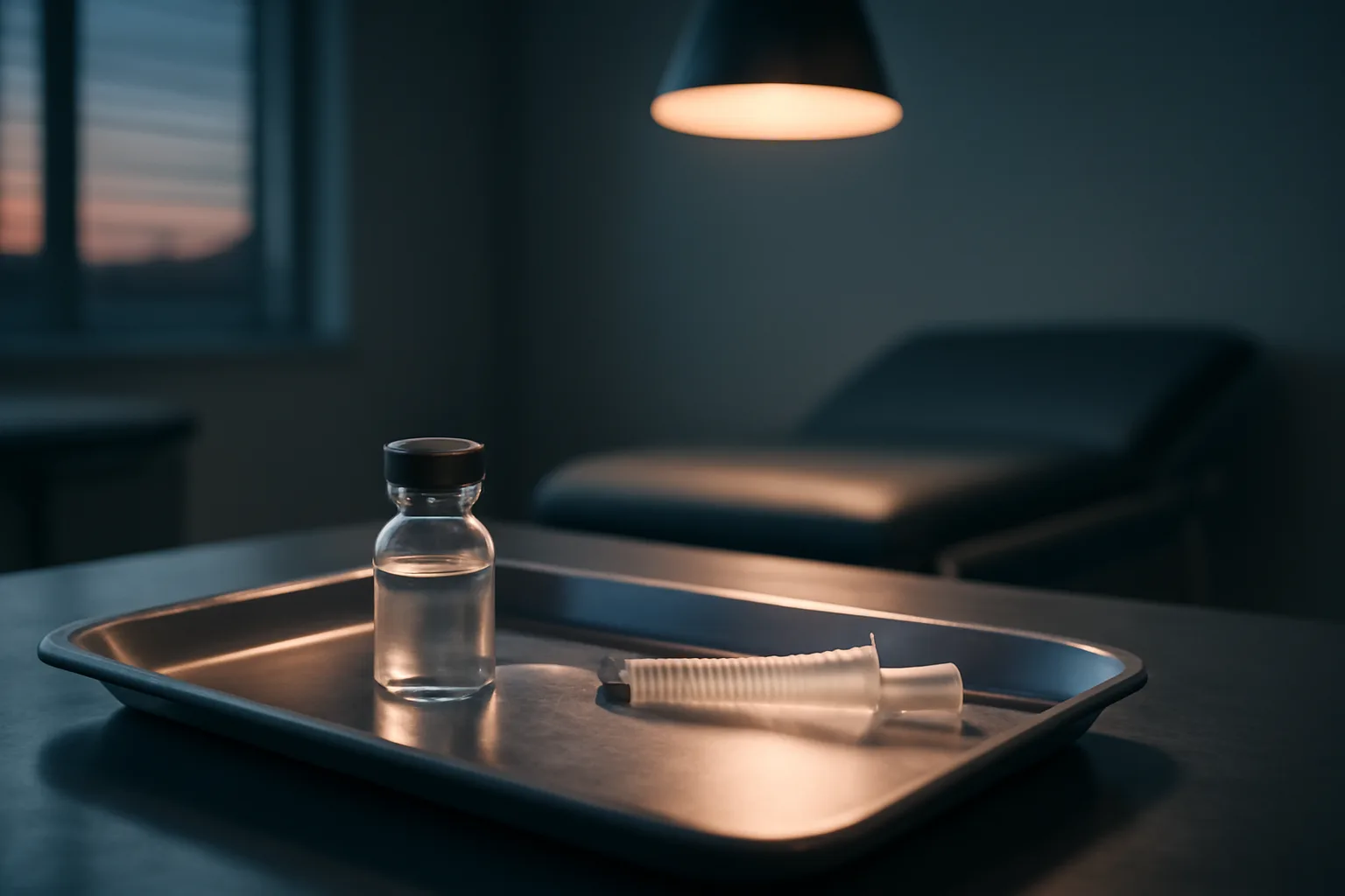 Vial and syringe on a steel tray under exam room light, evoking ipamorelin side effects context