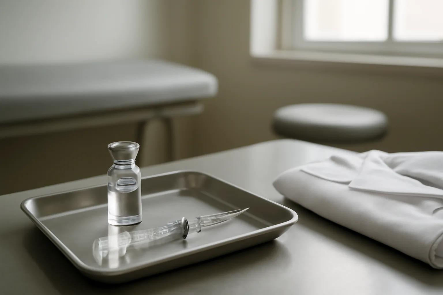 Vial and syringe on a steel tray in a sunlit clinical room, evoking ipamorelin safety review