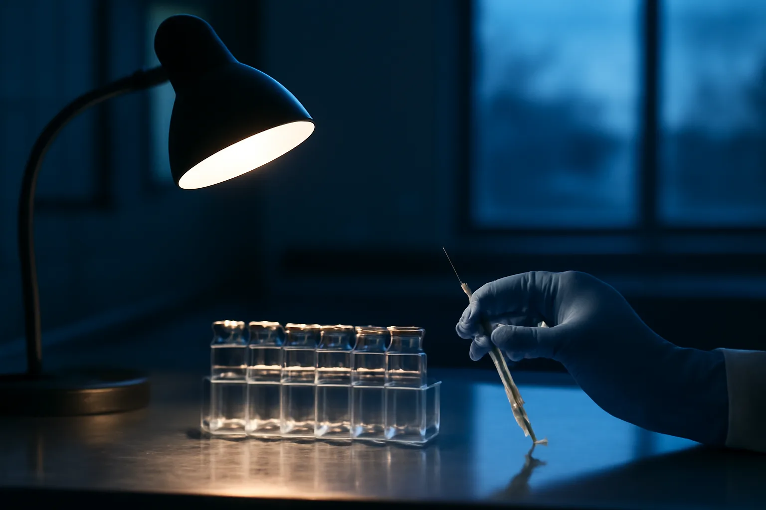 Pharmacist's gloved hands preparing a compounded injectable at a stainless steel counter