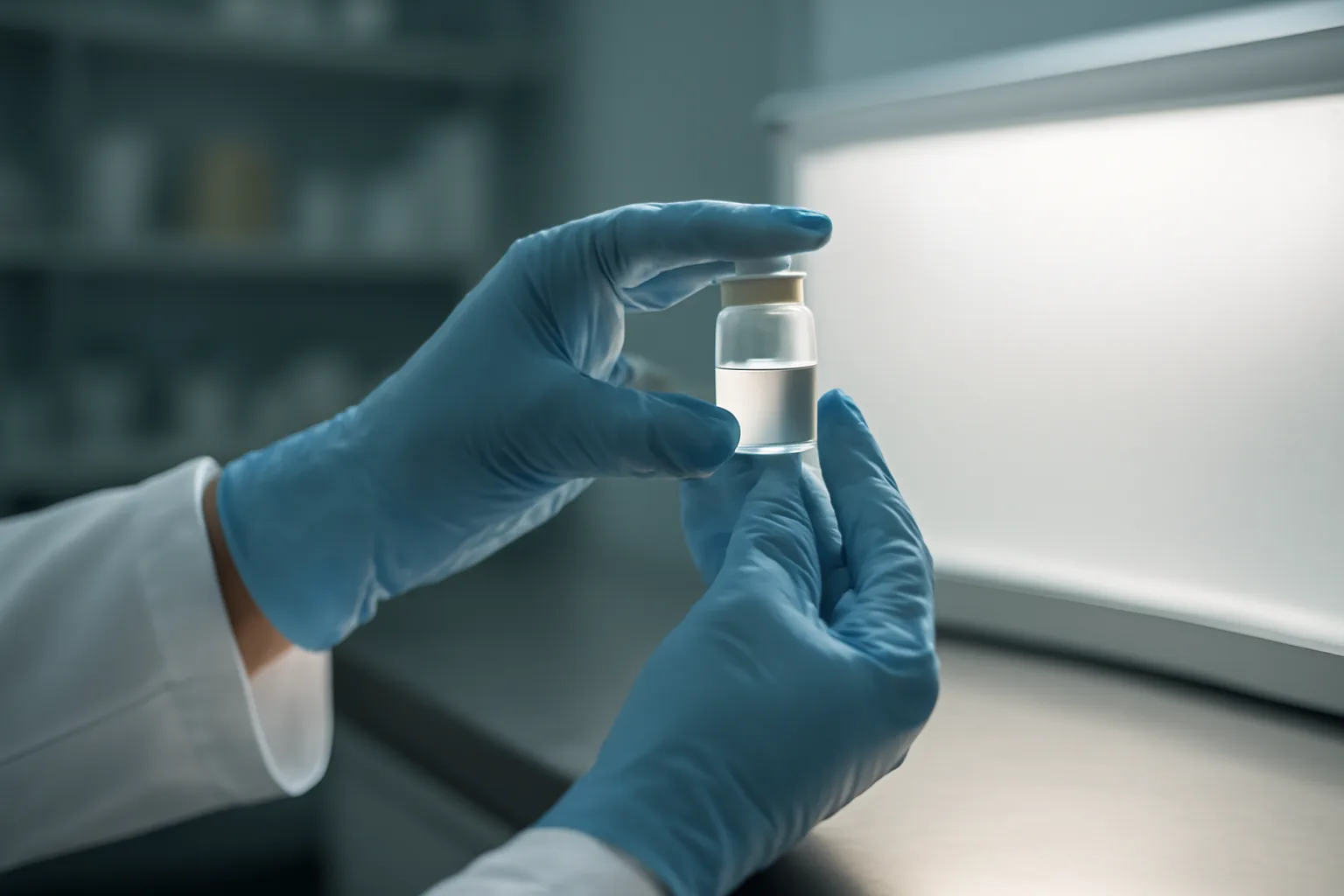 Pharmacist inspecting a clear peptide vial for quality under laboratory light