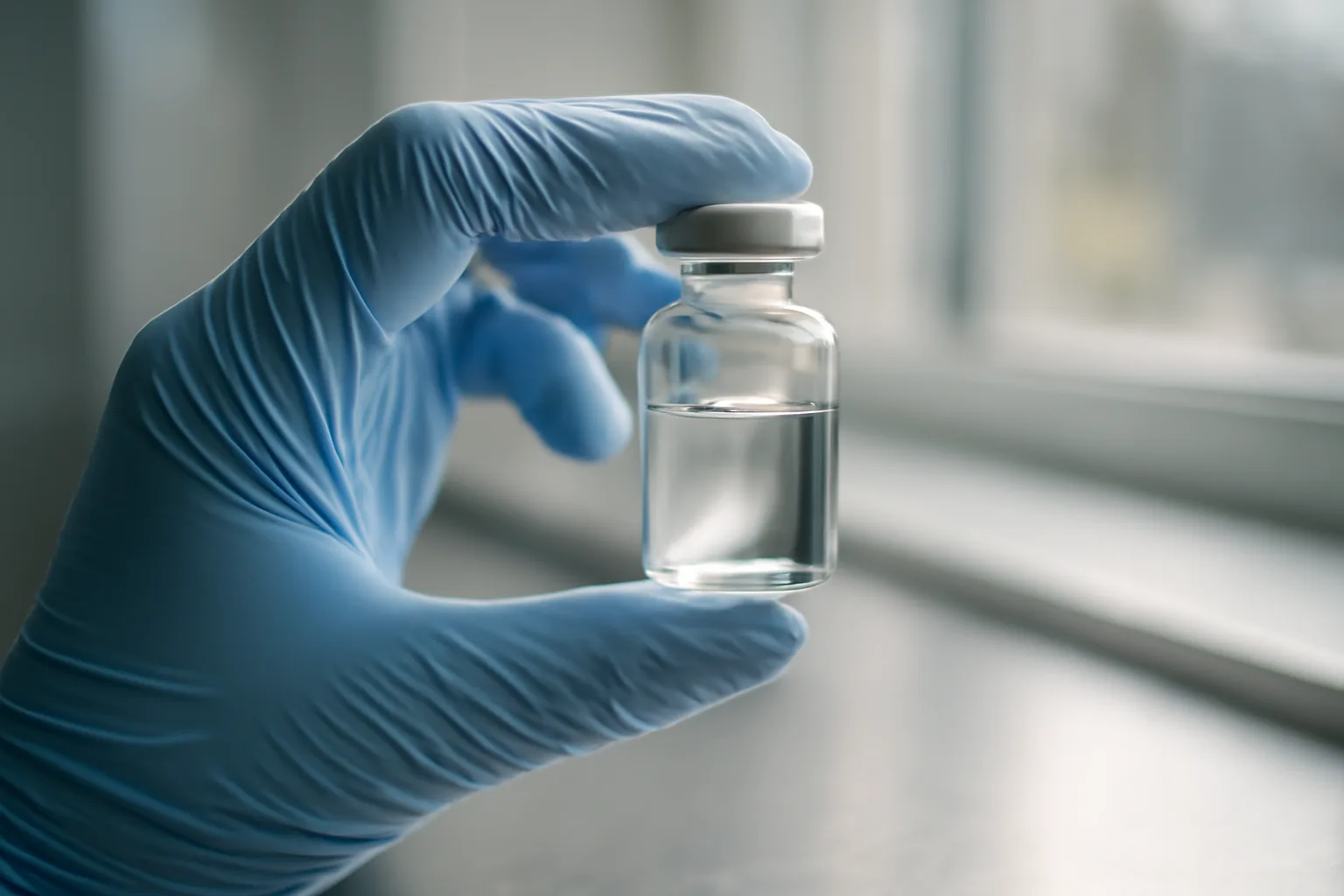 Gloved hand examining a glass vial in natural light on a lab counter